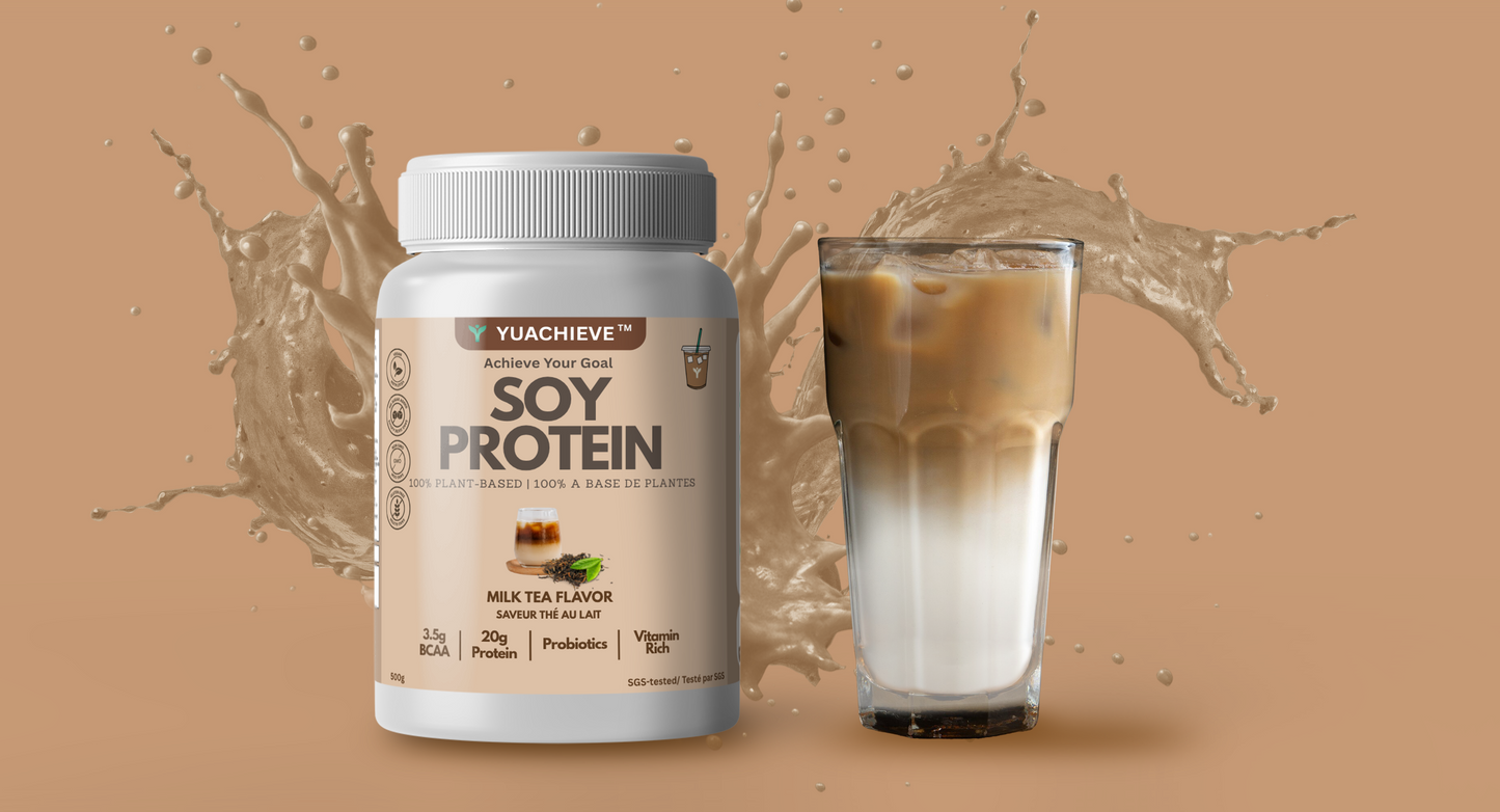 YUACHIEVE Plant-Based Milk Tea Flavored Soy Protein Powder, 20g Protein, 3.5g BCAA, with Probiotics