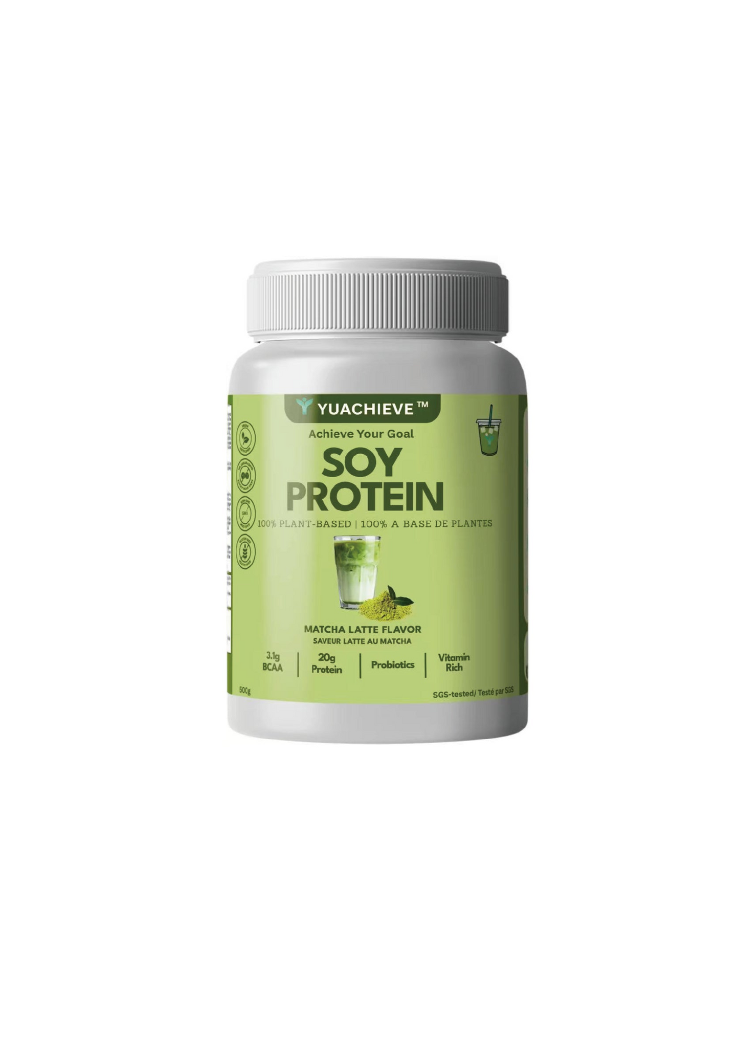YUACHIEVE Plant-Based Matcha Latte Flavored Soy Protein Powder, 20g Protein, 3.1g BCAA, with Probiotics