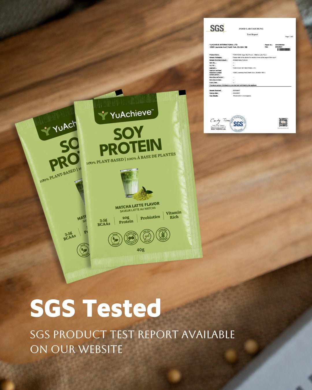YuAchieve Matcha Latte Flavor All - in - One Vegan Protein Powder, SGS Tested, Non - GMO, Dairy - free, Gluten - free, No Added Sugar, Made with 100% Soy Protein. 20g Protein, BCAAs, Vitamins & Probiotics , 40g / Sachet - ＹＵＡＣＨＩＥＶＥ™ - ＹＵＡＣＨＩＥＶＥ™