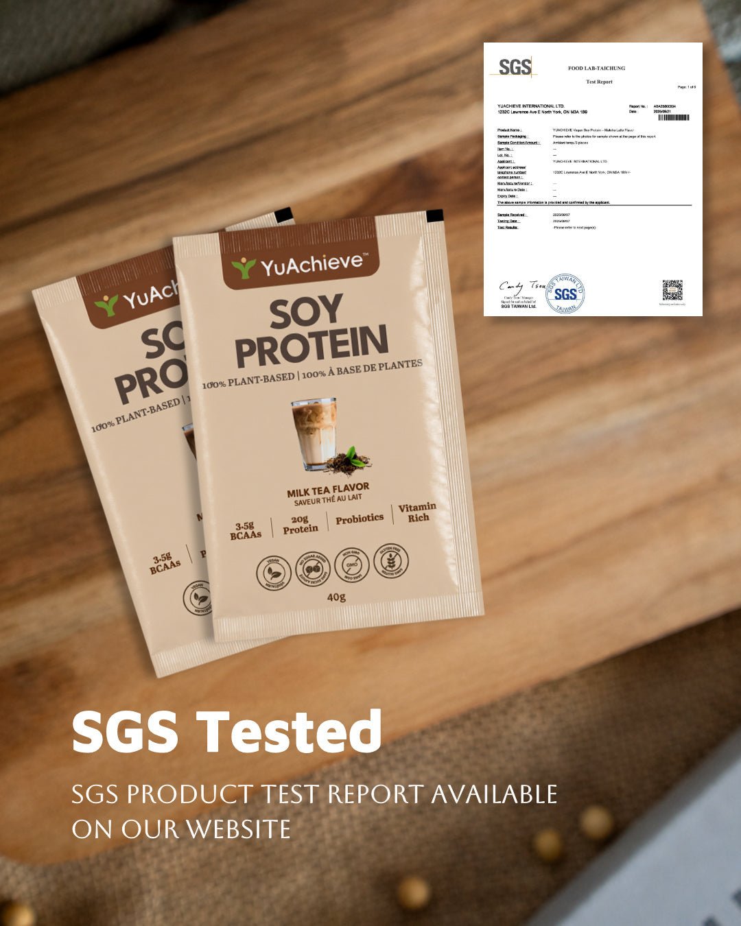 YuAchieve Milk Tea Flavor All - in - One Vegan Protein Powder, SGS Tested, Non - GMO, Dairy - free, Gluten - free, No Added Sugar, Made with 100% Soy Protein. 20g Protein, BCAAs, Vitamins & Probiotics , 40g / Sachet - ＹＵＡＣＨＩＥＶＥ™ - ＹＵＡＣＨＩＥＶＥ™