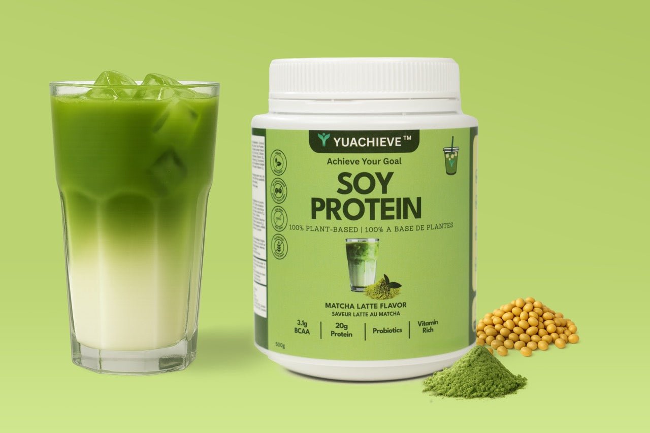 YUACHIEVE Plant - Based Matcha Latte Flavored Soy Protein Powder, 20g Protein, 3.1g BCAA, with Probiotics - ＹＵＡＣＨＩＥＶＥ™ - ＹＵＡＣＨＩＥＶＥ™