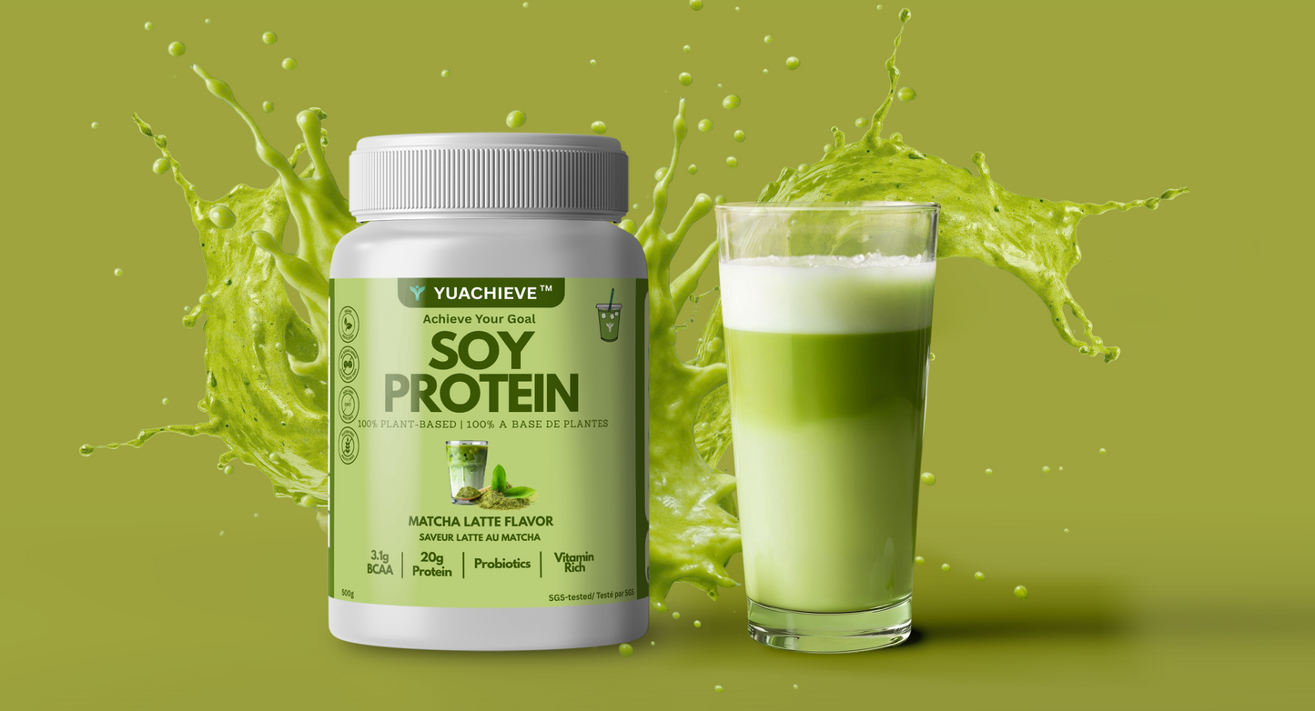 YUACHIEVE Plant-Based Matcha Latte Flavored Soy Protein Powder, 20g Protein, 3.1g BCAA, with Probiotics