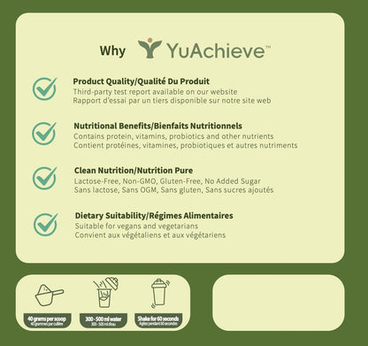YuAchieve Matcha Latte Flavor All - in - One Vegan Protein Powder, SGS Tested, Non - GMO, Lactose - Free, Gluten - Free, No Added Sugar, Made with 100% Soy Protein, 20g Protein, BCAAs, Vitamins & Probiotics, 500g / Jar - ＹＵＡＣＨＩＥＶＥ™ - ＹＵＡＣＨＩＥＶＥ™