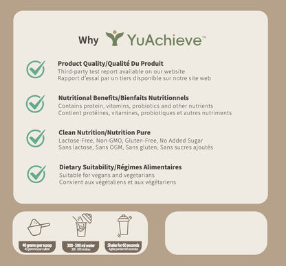 YuAchieve Milk Tea Flavor All - in - One Vegan Protein Powder, SGS Tested, Non - GMO, Lactose - Free, Gluten - Free, No Added Sugar, Made with 100% Soy Protein, 20g Protein, BCAAs, Vitamins & Probiotics, 500g / Jar - ＹＵＡＣＨＩＥＶＥ™ - ＹＵＡＣＨＩＥＶＥ™